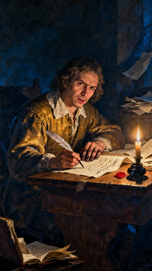 A quill pen writing by candlelight